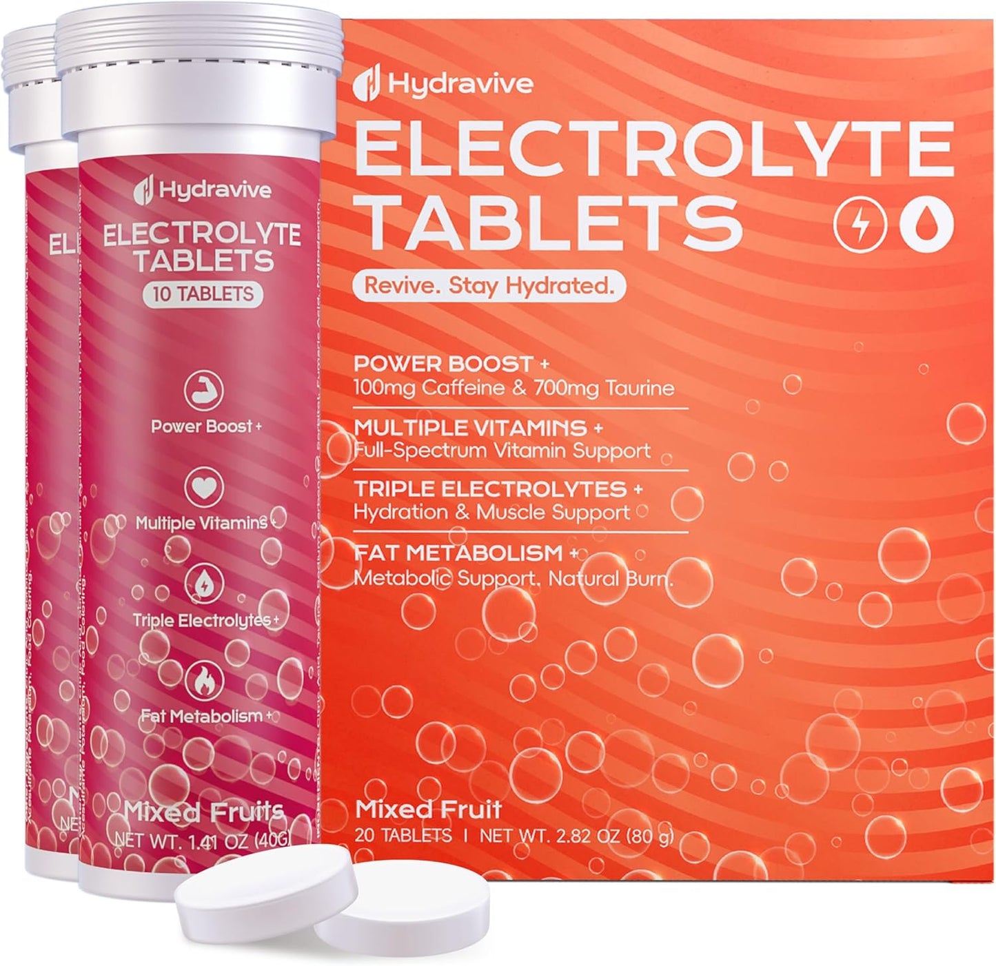 Hydravive Hydration Multiplier with Energy Electrolytes &100mg Caffeine, 700mg Taurine, 10 Vitamins, Sugar Free, No Artificial Colors | Vegan, Gluten-Free | 20 Count Energy Tablets
