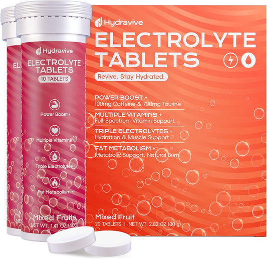 Hydravive Hydration Multiplier with Energy Electrolytes &100mg Caffeine, 700mg Taurine, 10 Vitamins, Sugar Free, No Artificial Colors | Vegan, Gluten-Free | 20 Count Energy Tablets