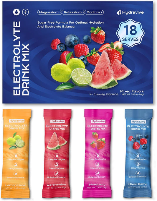 Hydravive Hydravive Electrolyte Powder Packets with Coconut Water — 5 Electrolytes, Magnesium Glycinate, Zero Sugar, Keto | NSF Certified, Non-GMO, 18 Sticks, Variety Pack