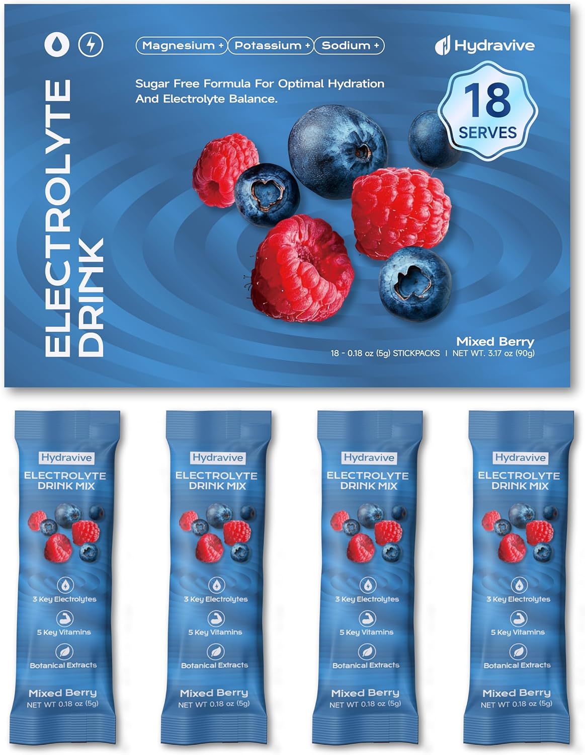 Hydravive Hydravive Electrolyte Powder Packets with Coconut Water — 5 Electrolytes, Magnesium Glycinate, Zero Sugar, Keto | NSF Certified, Non-GMO, 18 Sticks, Variety Pack