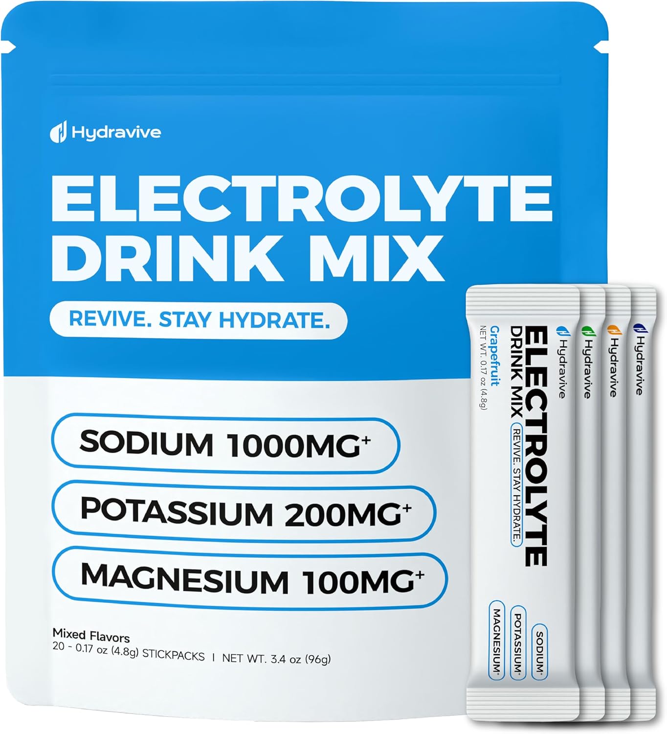 Hydravive High-Sodium Electrolyte Drink Mix – 1000mg Sodium, 200mg Potassium & 100mg Magnesium| Rapid Rehydration | Non-GMO | Electrolyte Drink Mix - 20 Sticks