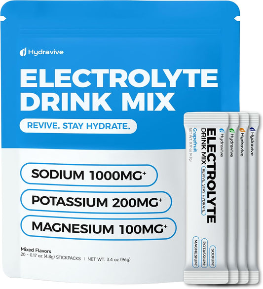 Hydravive High-Sodium Electrolyte Drink Mix – 1000mg Sodium, 200mg Potassium & 100mg Magnesium| Rapid Rehydration | Non-GMO | Electrolyte Drink Mix - 20 Sticks