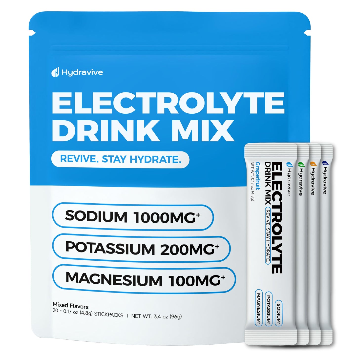 Hydravive High-Sodium Electrolyte Drink Mix – 1000mg Sodium, 200mg Potassium & 100mg Magnesium| Rapid Rehydration | Non-GMO | Electrolyte Drink Mix - 20 Sticks