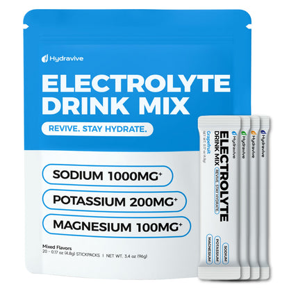 Hydravive High-Sodium Electrolyte Drink Mix – 1000mg Sodium, 200mg Potassium & 100mg Magnesium| Rapid Rehydration | Non-GMO | Electrolyte Drink Mix - 20 Sticks