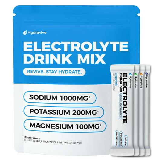 Hydravive High-Sodium Electrolyte Drink Mix – 1000mg Sodium, 200mg Potassium & 100mg Magnesium| Rapid Rehydration | Non-GMO | Electrolyte Drink Mix - 20 Sticks