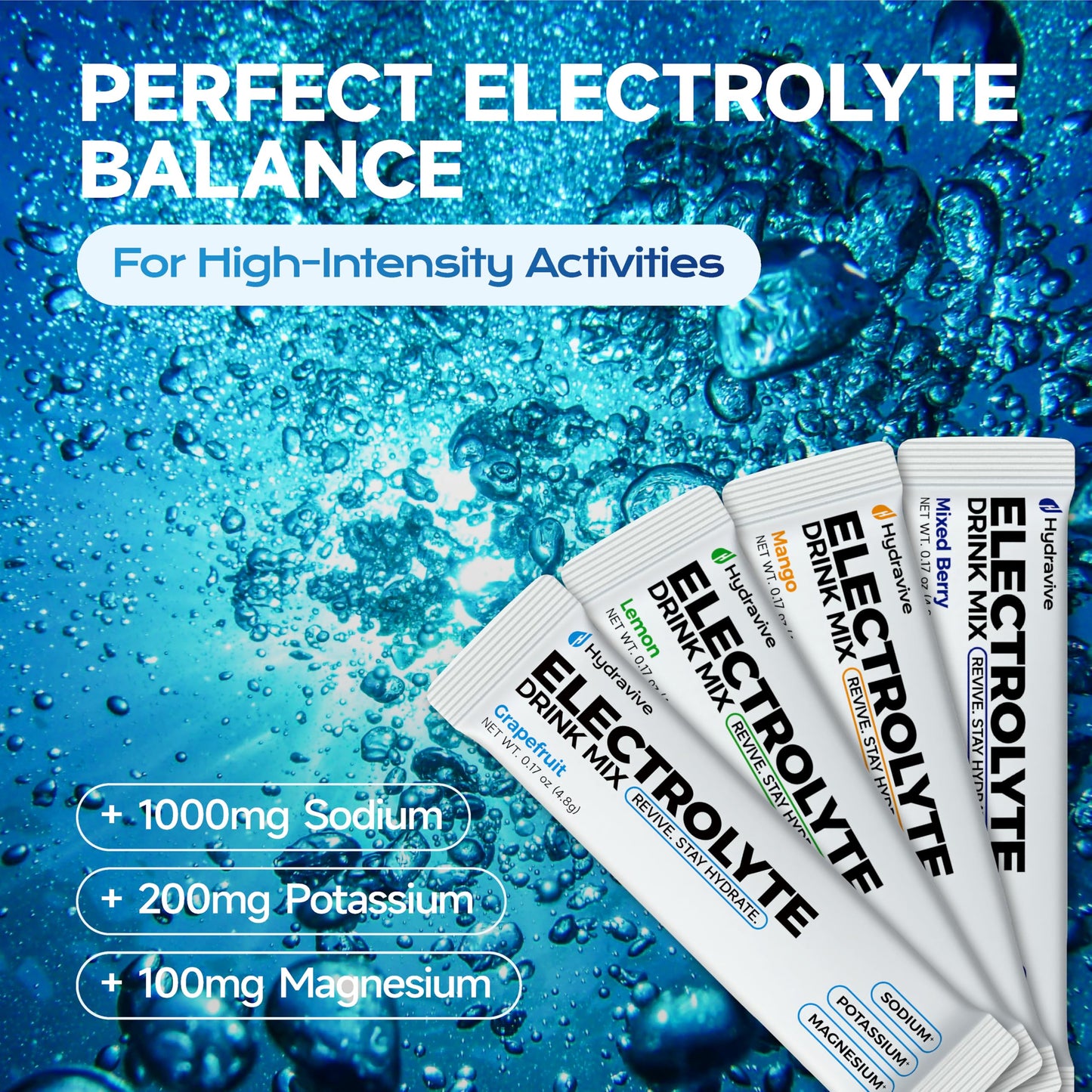 Hydravive High-Sodium Electrolyte Drink Mix – 1000mg Sodium, 200mg Potassium & 100mg Magnesium| Rapid Rehydration | Non-GMO | Electrolyte Drink Mix - 20 Sticks