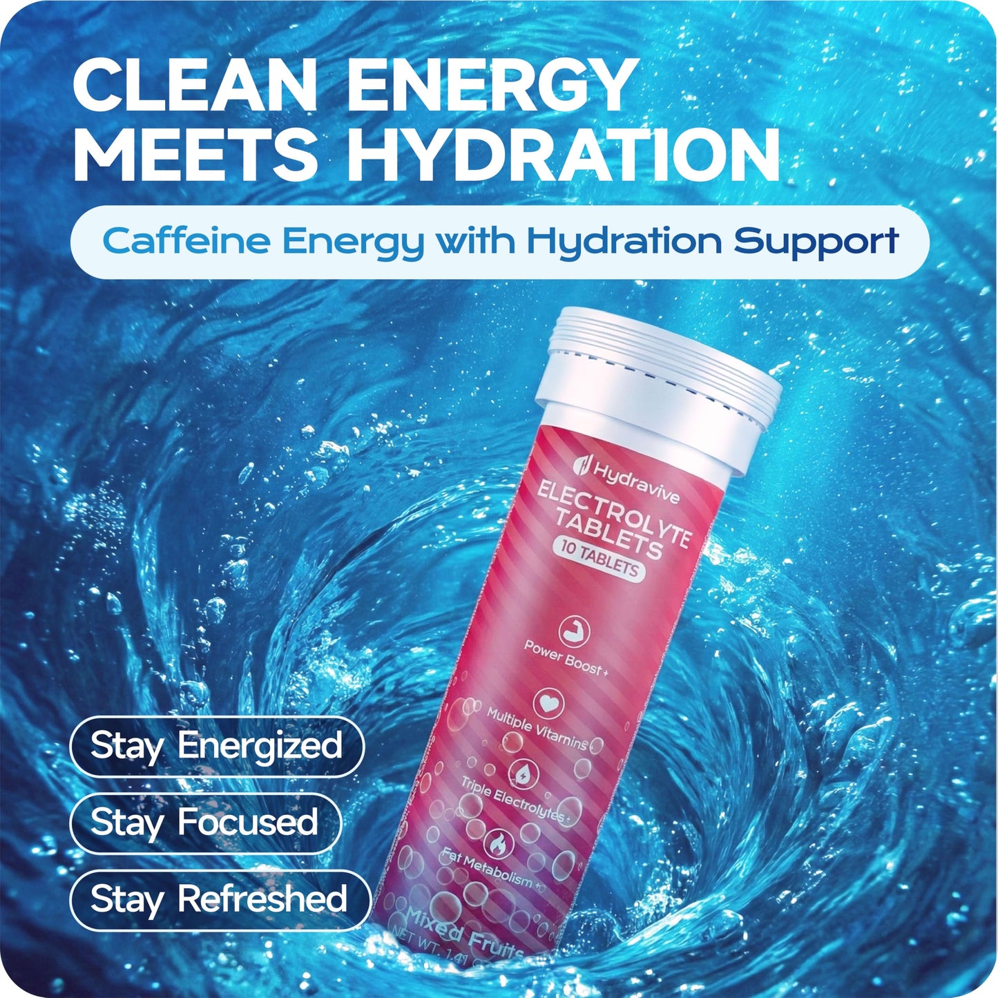 Hydravive Hydration Multiplier with Energy Electrolytes &100mg Caffeine, 700mg Taurine, 10 Vitamins, Sugar Free, No Artificial Colors | Vegan, Gluten-Free | 20 Count Energy Tablets