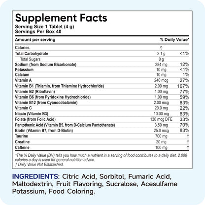 Hydravive Hydration Multiplier with Energy Electrolytes &100mg Caffeine, 700mg Taurine, 10 Vitamins, Sugar Free, No Artificial Colors | Vegan, Gluten-Free | 20 Count Energy Tablets